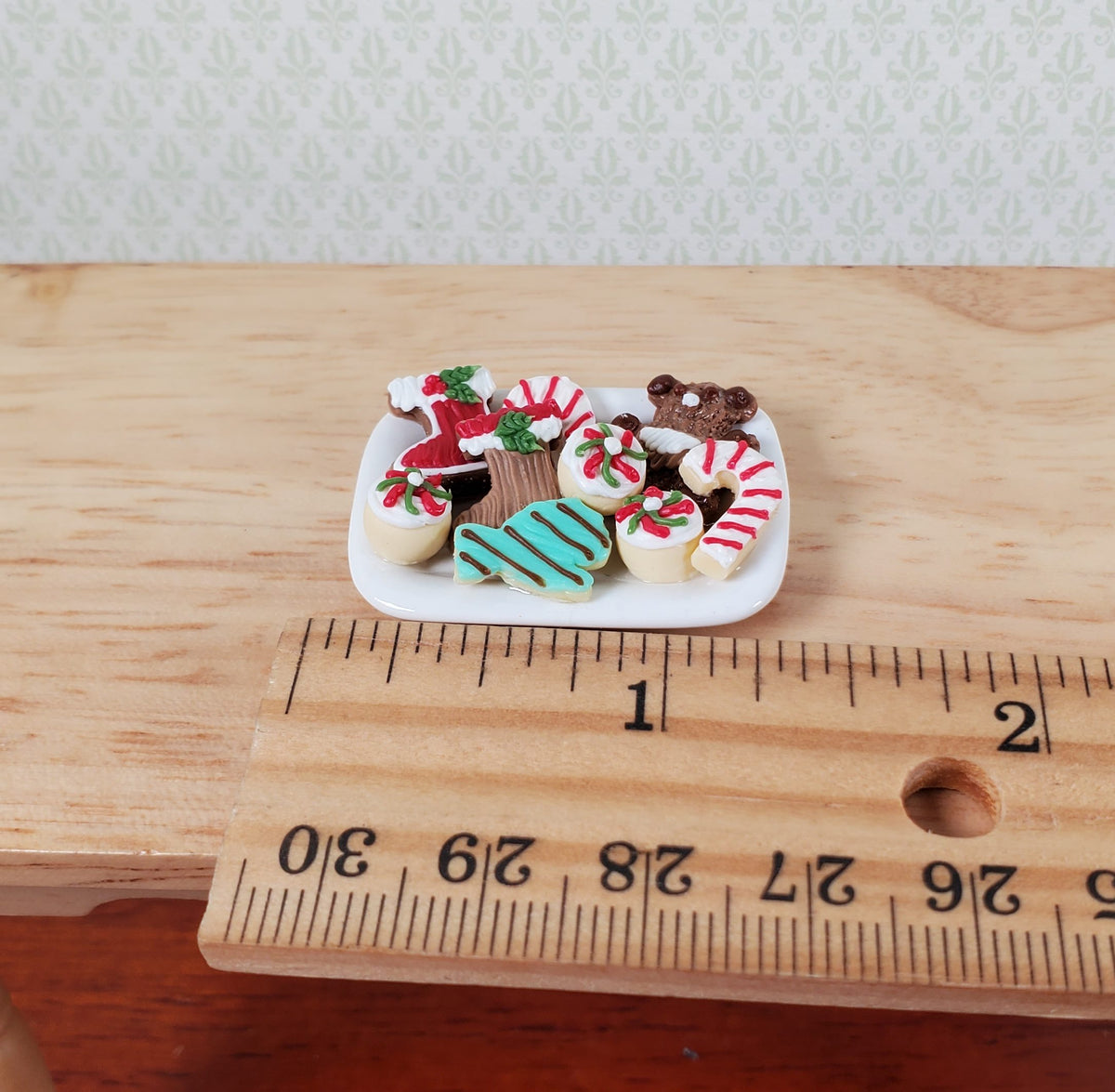 Dollhouse Christmas Cookies on Ceramic Tray 1:12 Scale Candy Canes Teddy Bear