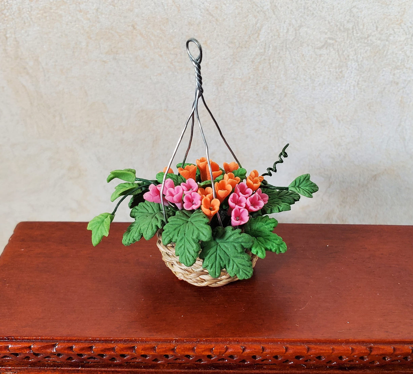 Dollhouse Orange & Pink Flowers in Hanging Basket 1:12 Scale Miniature Garden