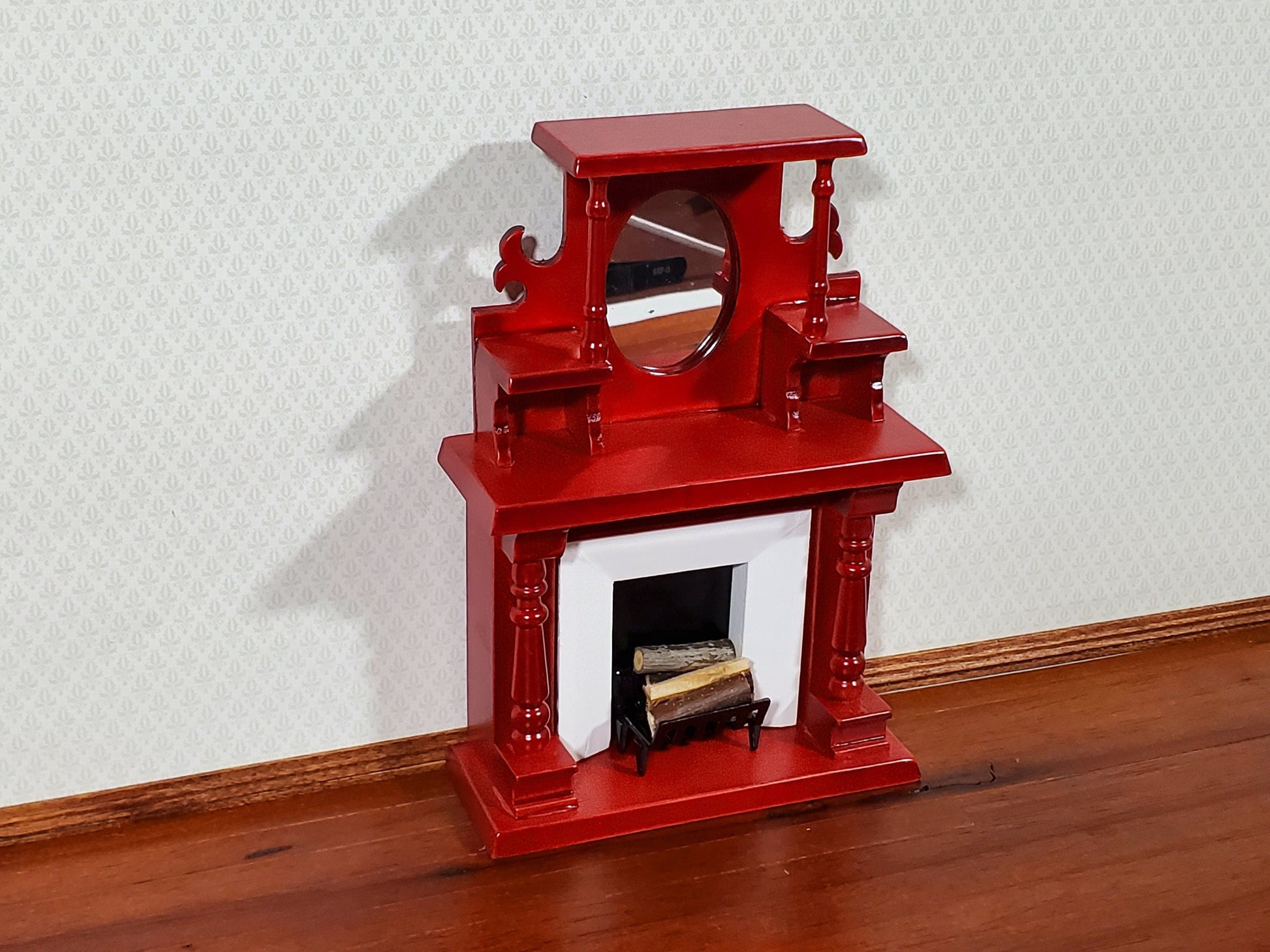 Dollhouse Fireplace Victorian with Mirror Wood with a Mahogany Finish 1:12 Scale Miniature Furniture