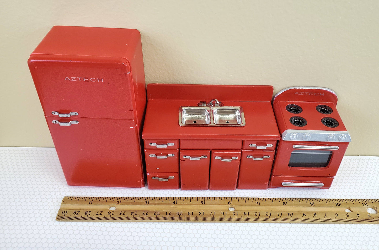 Dollhouse Miniature Kitchen Wall Set Fridge Sink Stove Oven 1:12 Scale Red