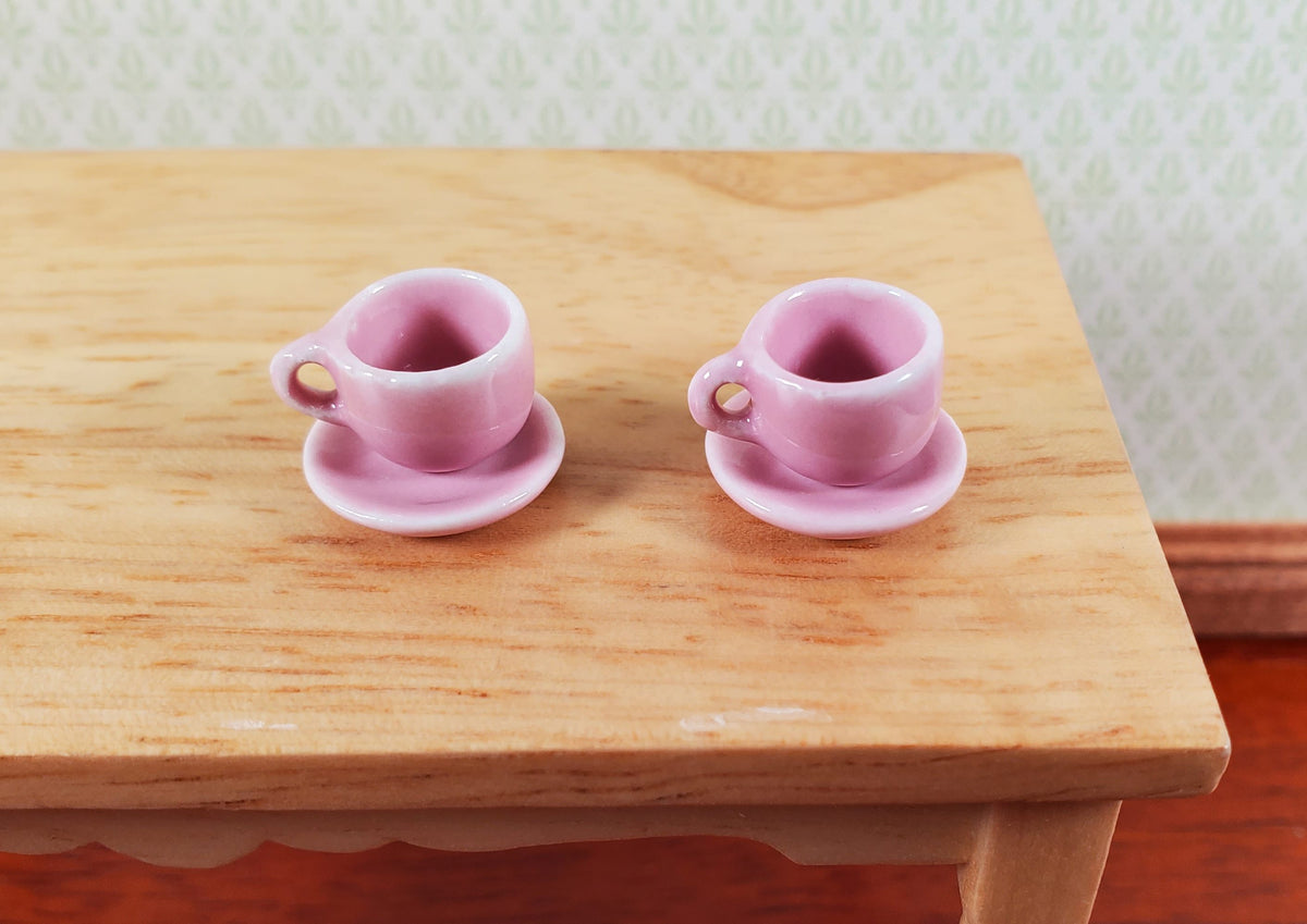 Dollhouse Coffee Mug Cups with Saucer PINK Set of 2 1:12 Scale Miniature Dishes