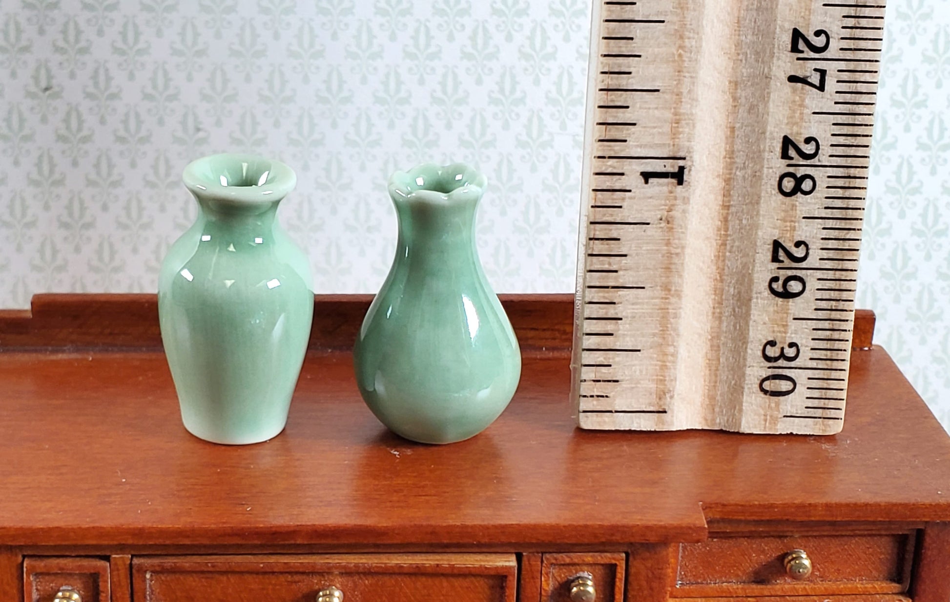 Dollhouse Flower Vases Sage Green Ceramic Set of 2 Modern 1:12 Scale Miniatures