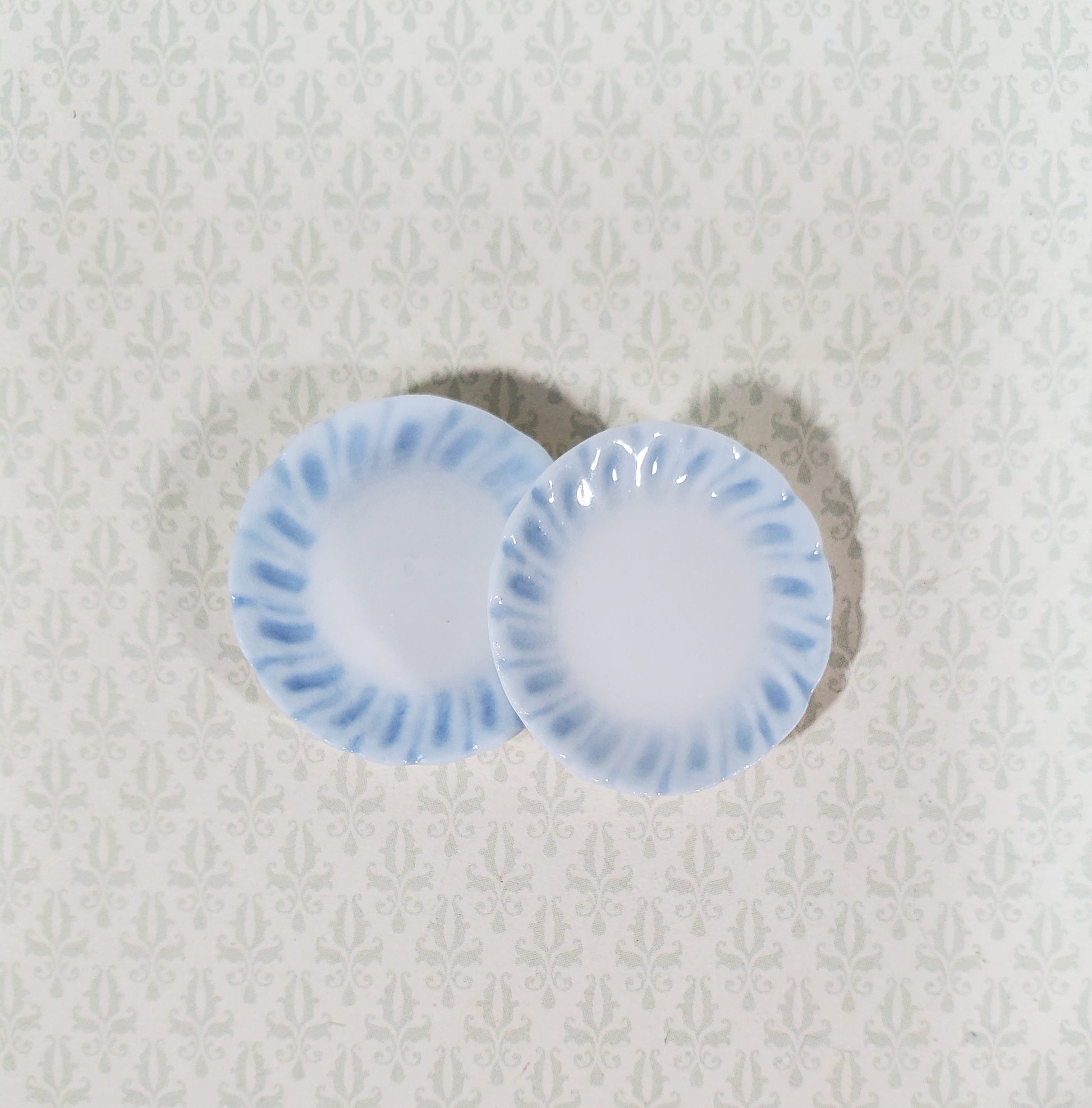 Dollhouse Dinner Plates White Ceramic with Blue Edge Set of 2 1:12 Scale 15/16"