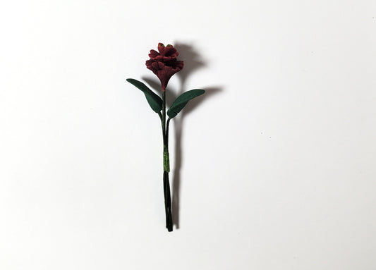 Dollhouse Burgundy Zinnia Single Long Stem with Foliage 1:12 Scale Miniature