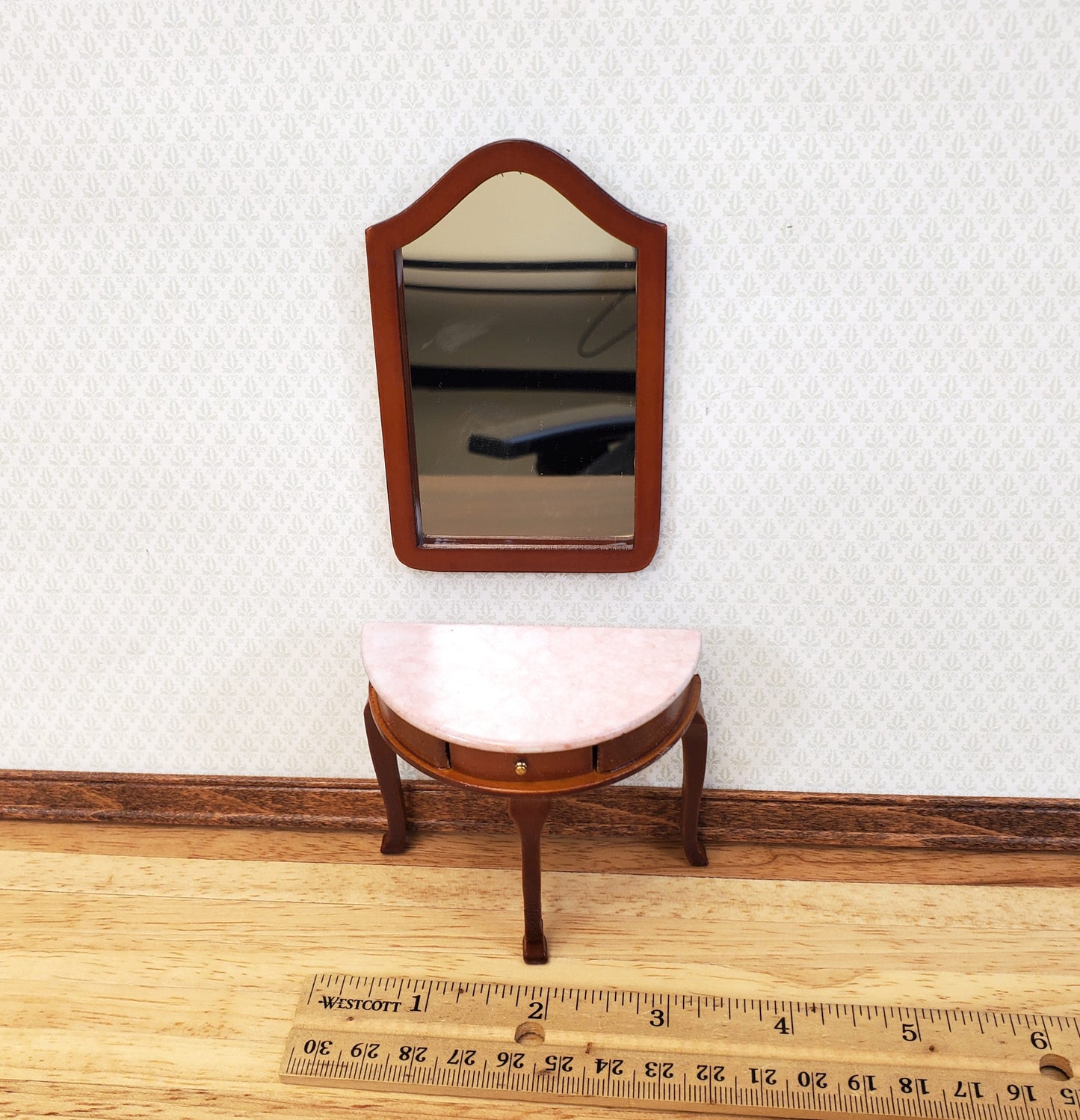 Dollhouse Demi Table with Mirror Half Round Demilune 1:12 Scale Furniture Walnut Finish