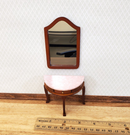 Dollhouse Demi Table with Mirror Half Round Demilune 1:12 Scale Furniture Walnut Finish