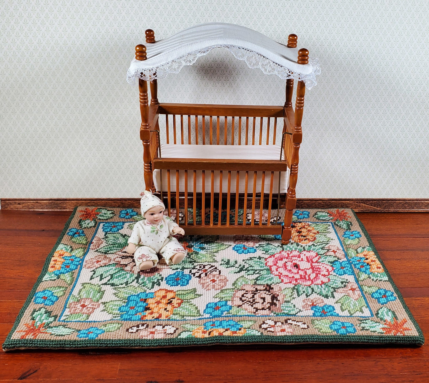Dollhouse Needlepoint Rug Large Aubusson Style 1:12 Scale Carpet Floral