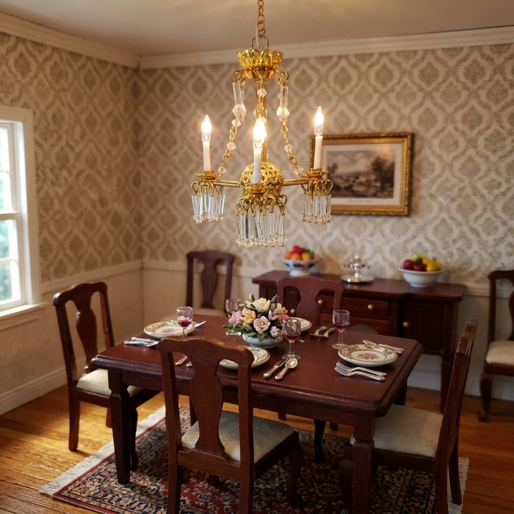 Dollhouse 3 Arm Crystal Chandelier with Chains Handmade 12 Volt 1:12 Scale