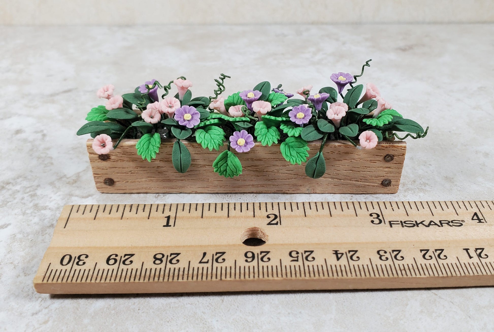 Dollhouse Pink & Purple Trumpet Flowers in a Wood Planter 1:12 Scale Miniature