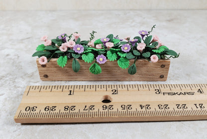 Dollhouse Pink & Purple Trumpet Flowers in a Wood Planter 1:12 Scale Miniature