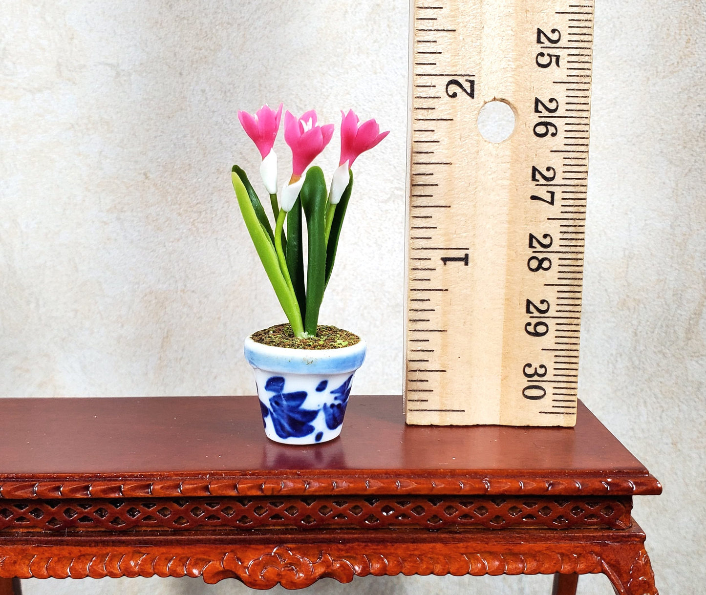 Dollhouse Pink Crocus in Blue and White Ceramic Pot 1:12 Scale Miniature Plant