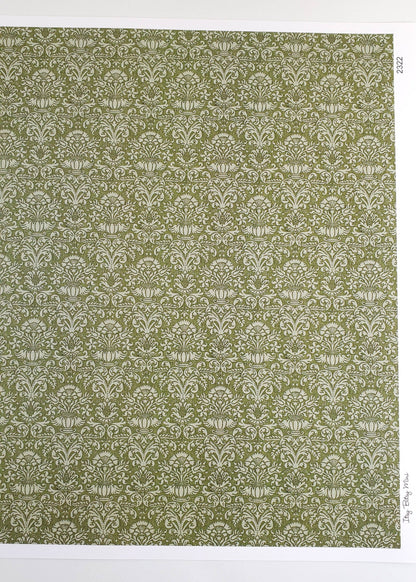 Dollhouse Wallpaper Damask Olive Green Victorian 1:12 Scale Itsy Bitsy Miniatures