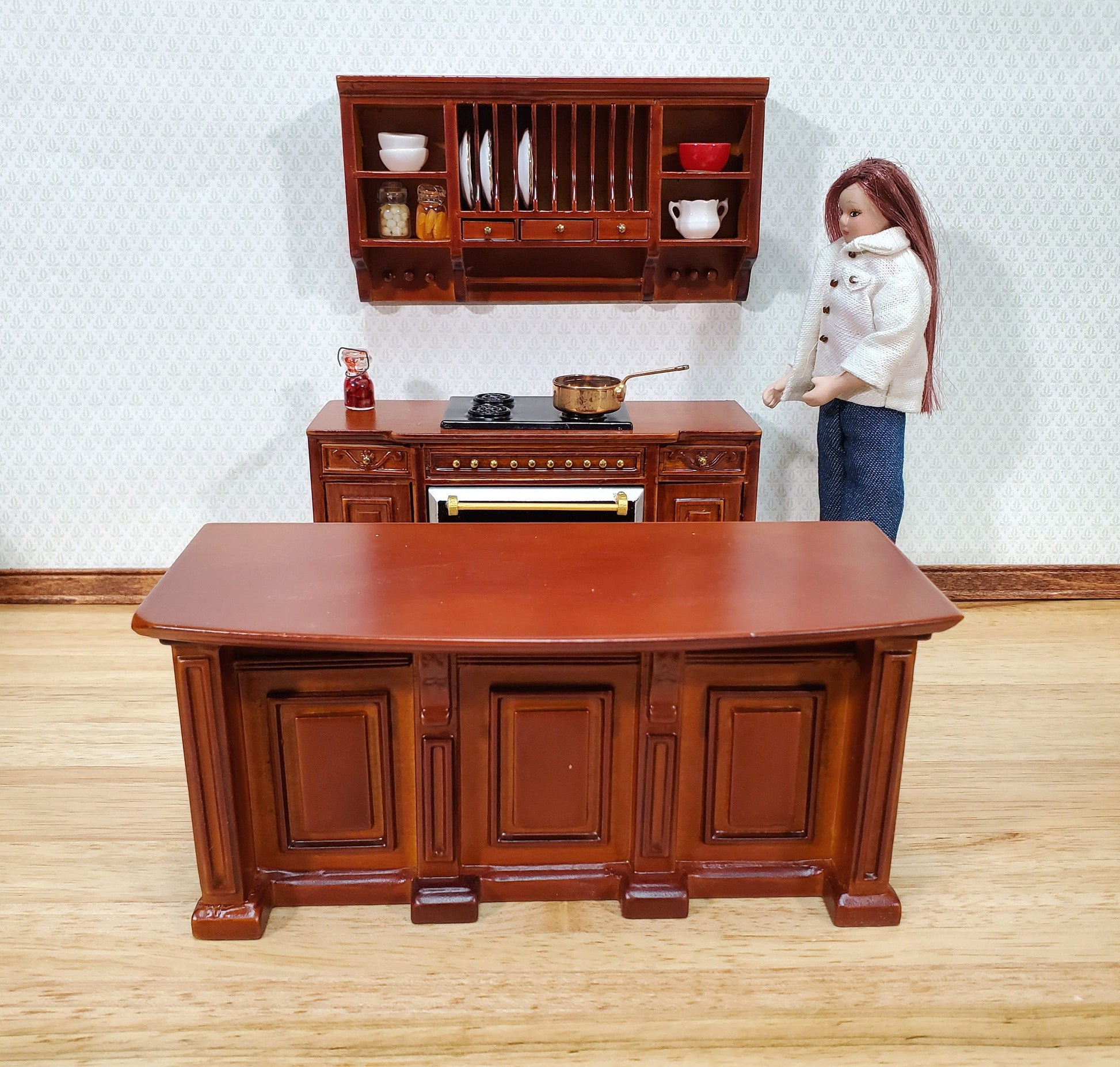 Dollhouse Plate Rack Shelf Kitchen Walnut with Drawers and Shelves 1:12 Scale Miniature