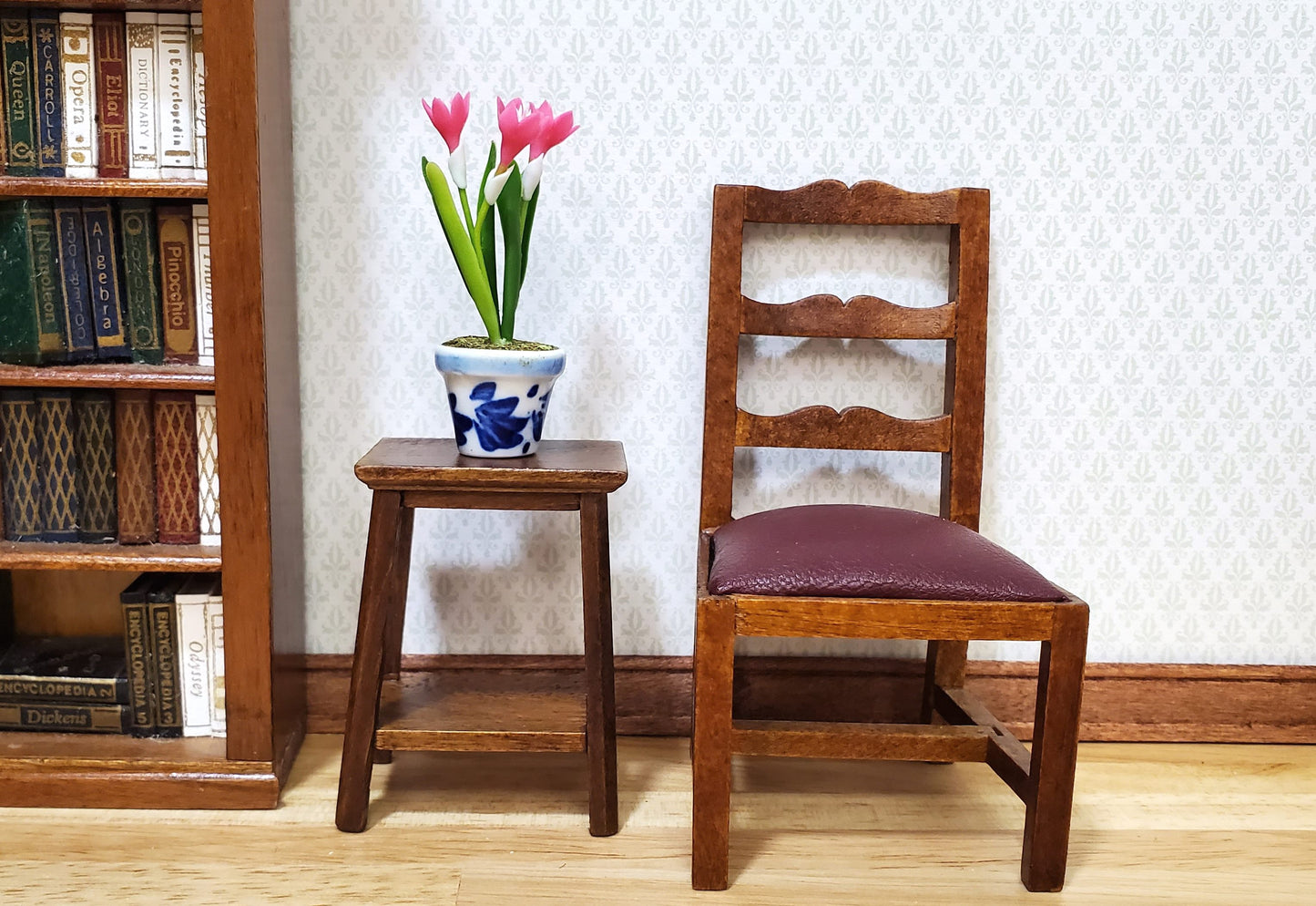 Dollhouse Pink Crocus in Blue and White Ceramic Pot 1:12 Scale Miniature Plant