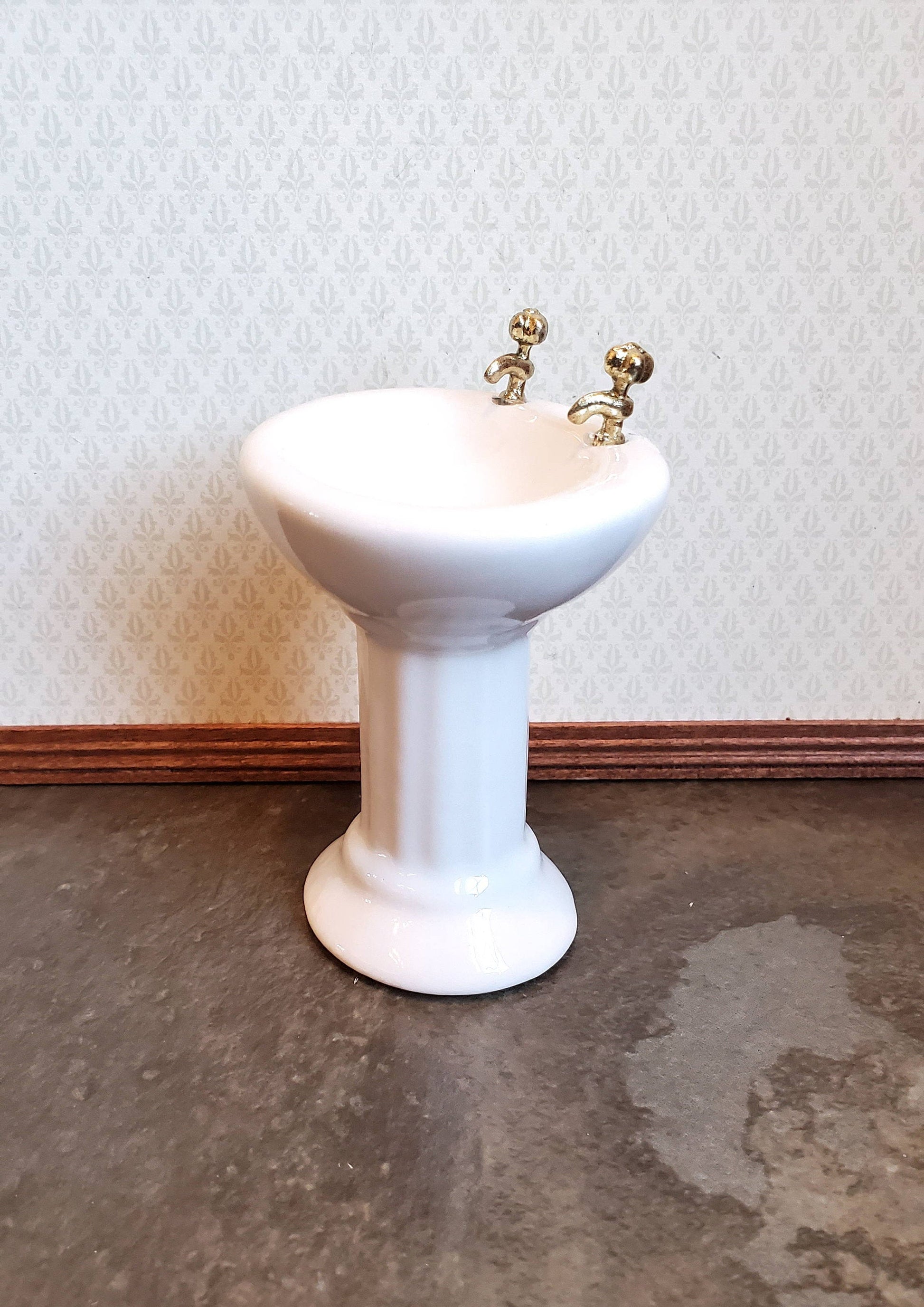 Dollhouse Miniature Pedestal Sink Bathroom White Ceramic Gold Handles 1:12 Scale