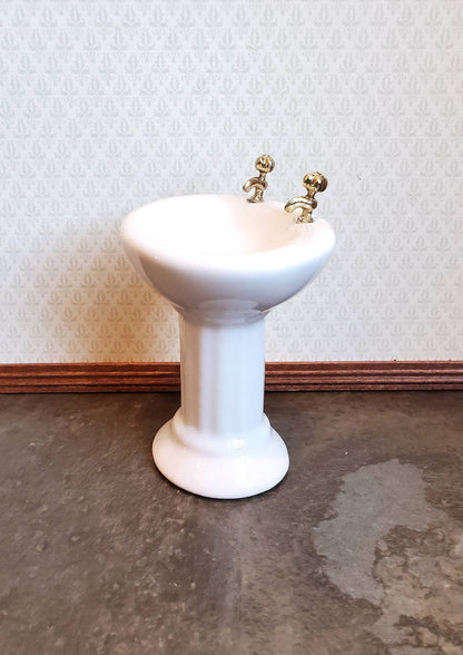 Dollhouse Miniature Pedestal Sink Bathroom White Ceramic Gold Handles 1:12 Scale