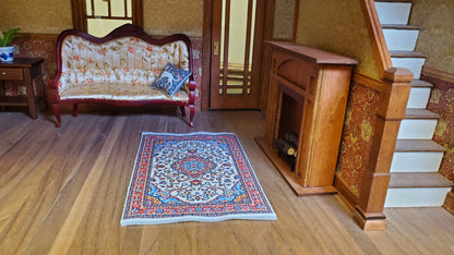 Dollhouse Small Rug Woven Fabric Red Cream Blue 1:12 Scale Victorian Style