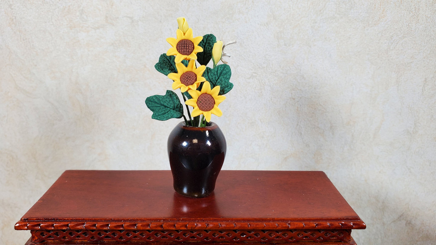 Dollhouse Sunflowers in Ceramic Black Vase 1:12 Scale Miniature Flowers
