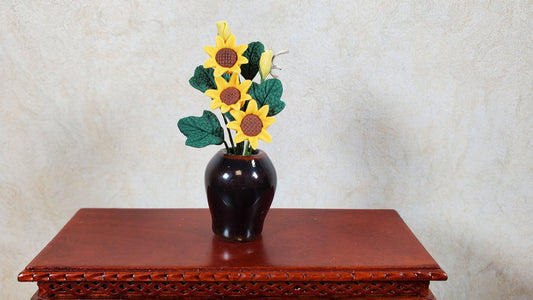 Dollhouse Sunflowers in Ceramic Black Vase 1:12 Scale Miniature Flowers