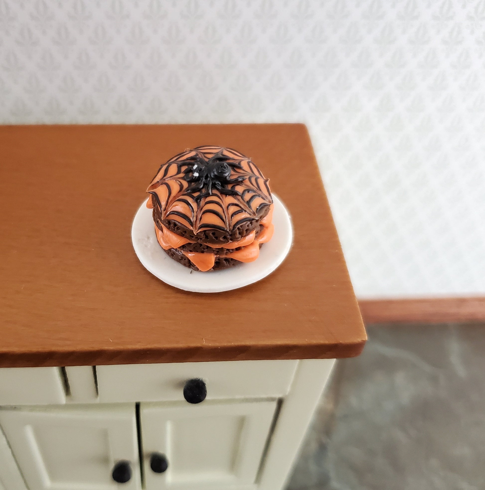 Dollhouse Halloween Cake with Spider & Web on Top 1:12 Miniature Kitchen Food