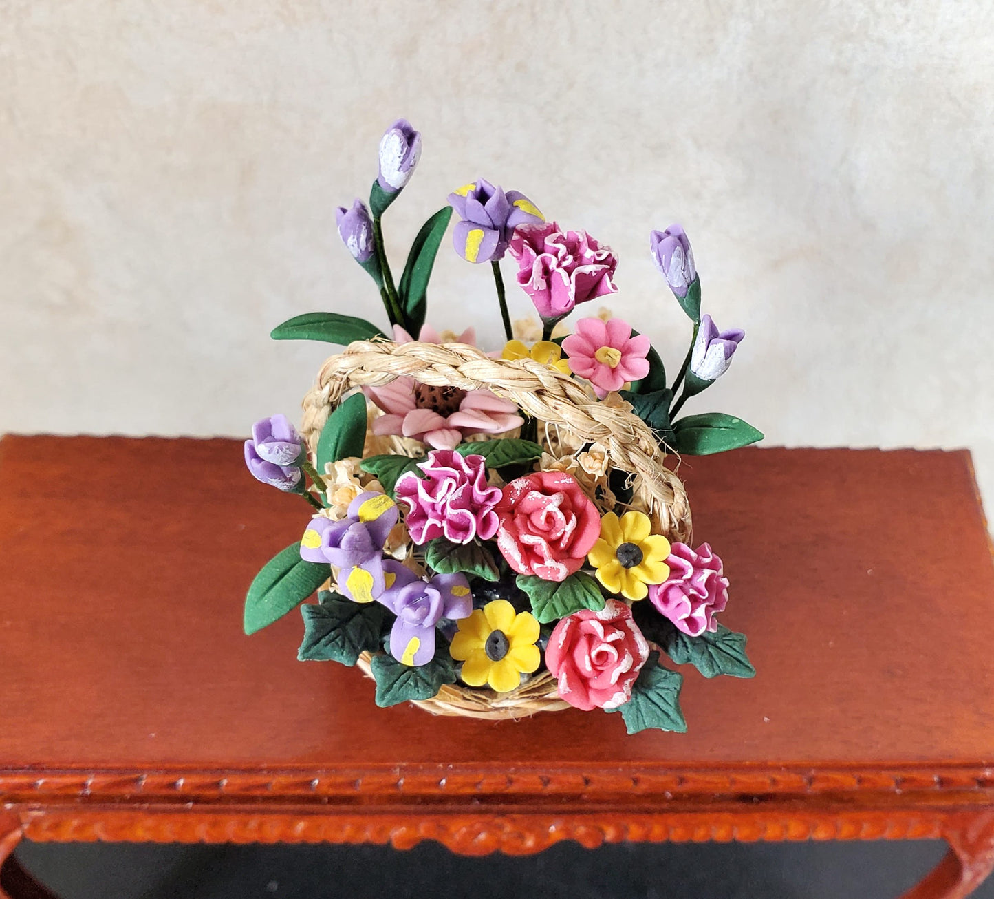 Dollhouse Colorful Basket of Flowers Pink & Purple with Greenery 1:12 Scale