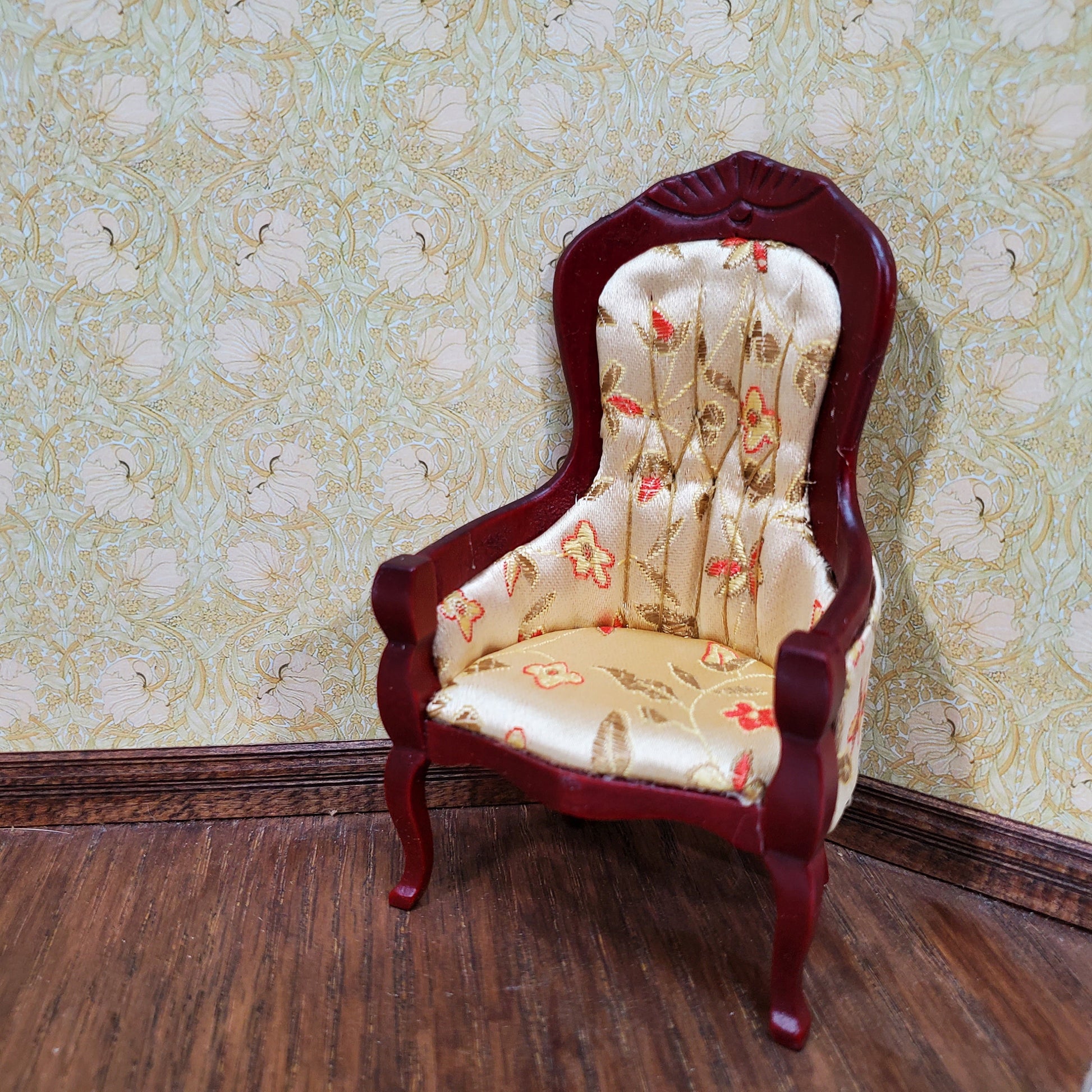 Dollhouse Chair Victorian Style Gold Floral Print 1:12 Miniature Mahogany Finish