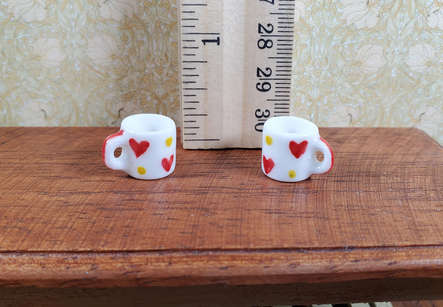 Dollhouse Red Heart & Gold Dots Porcelain Mug Set of 2 1:12 Scale Miniature