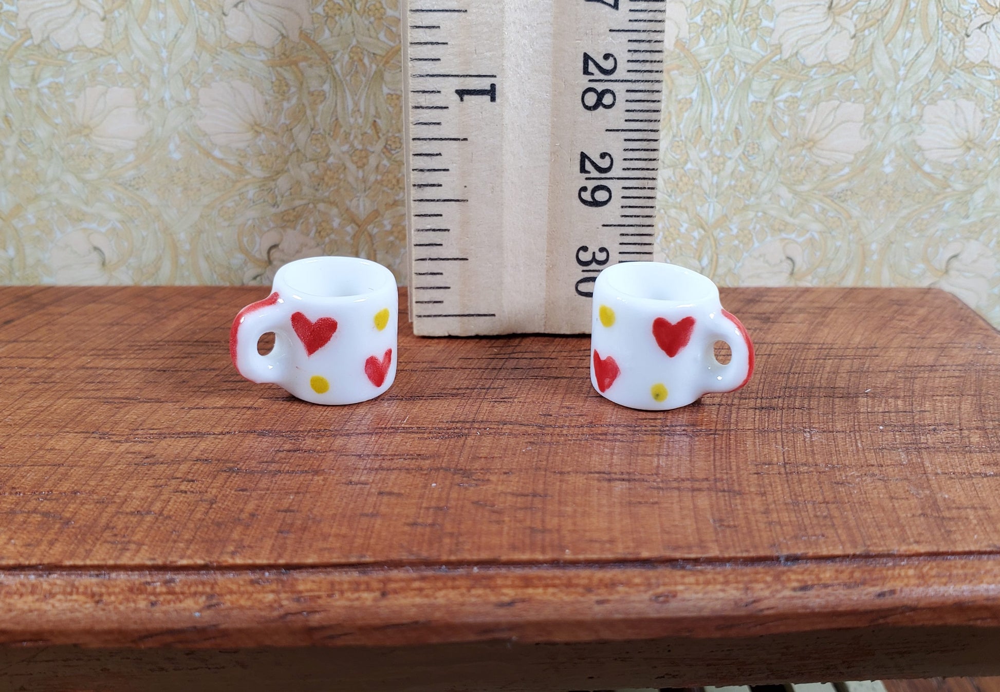 Dollhouse Red Heart & Gold Dots Porcelain Mug Set of 2 1:12 Scale Miniature