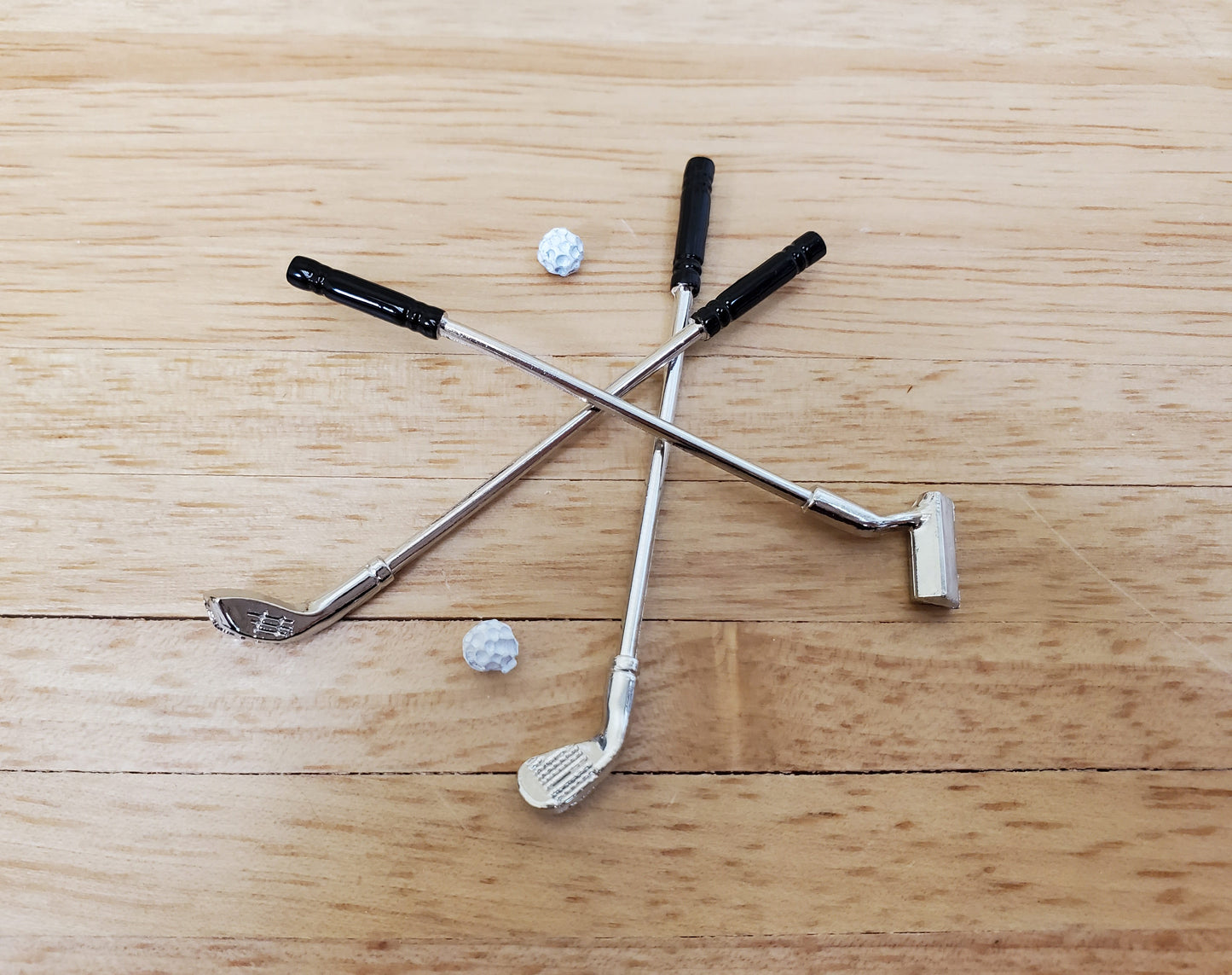 Tiny Miniature Golf Clubs Set of 3 Clubs Metal 2 1/2" Long and Golf Ball Putter Driver