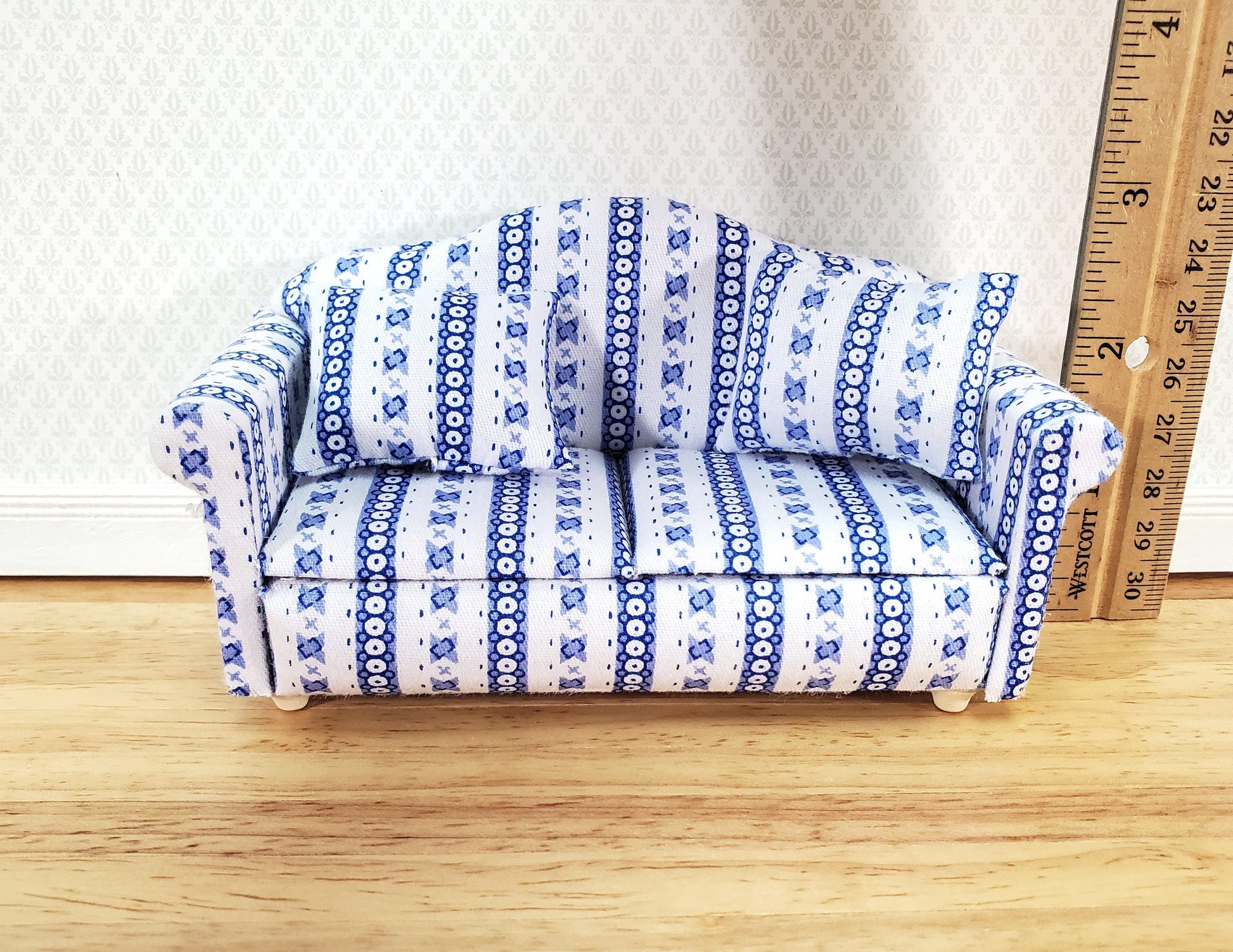 Dollhouse Sofa Couch Modern Blue & White with Cushions 1:12 Scale Miniature Furniture