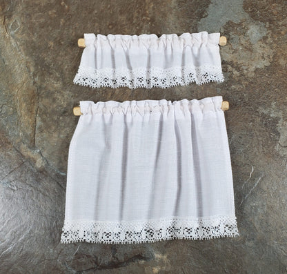 Dollhouse White Fabric Curtains & Valance Curtain Rod 1:12 Scale Miniature