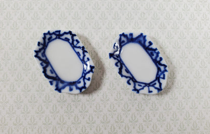 Dollhouse Small White & Blue Ceramic Platter 1:12 Scale Miniature Set of 2