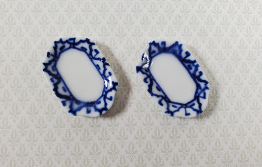 Dollhouse Small White & Blue Ceramic Platter 1:12 Scale Miniature Set of 2