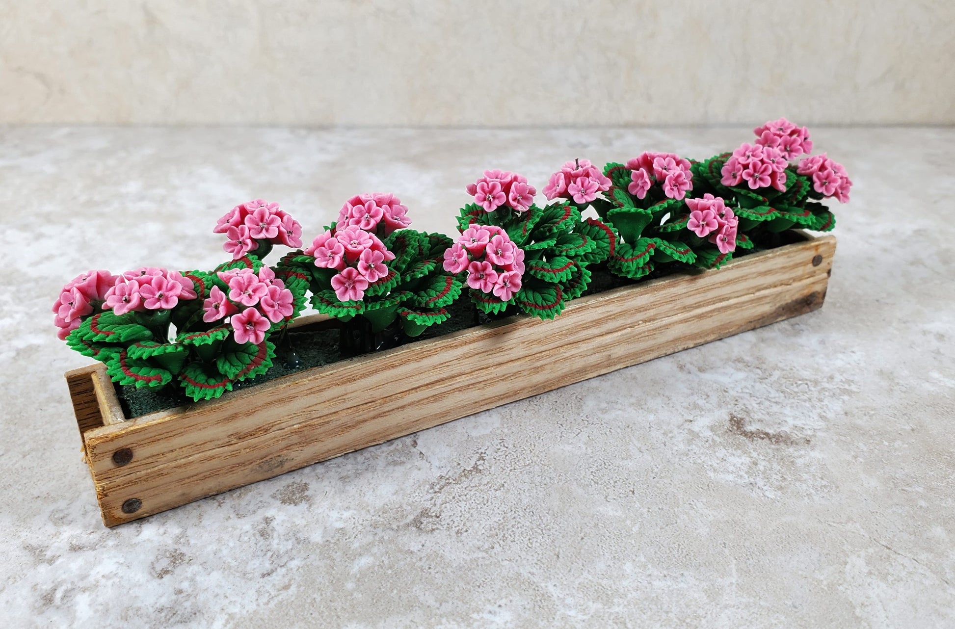Dollhouse VPink Geraniums in 5.5" Wooden Window Box Planter 1:12 Scale Miniature