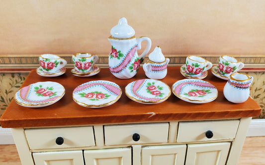 Dollhouse Coffee Set with Plates Cups "Blushing Rose" Ceramic 1:12 Scale