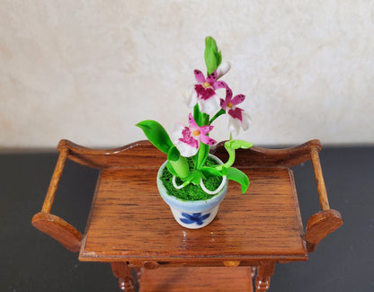 Dollhouse Orchid Pink White Flowering Plant in Ceramic Pot 1:12 Scale Miniature