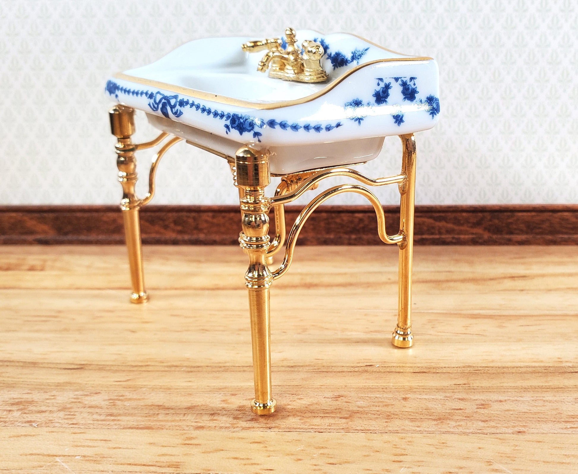 Dollhouse Sink Bathroom Small White and Blue Reutter Porcelain Miniature