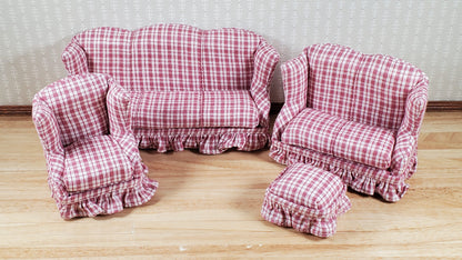 Dollhouse Living Room Set 4 pc Dusty Rose Plaid 1:12 Scale Miniature Furniture