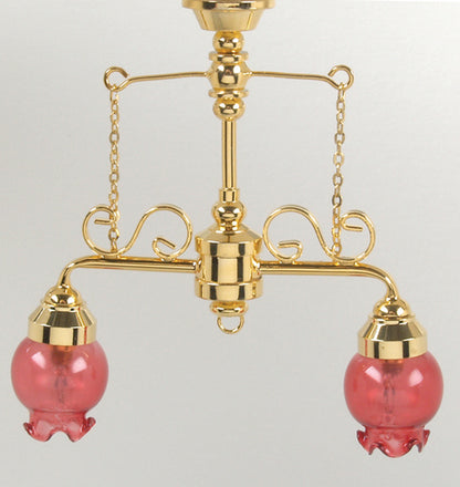 Dollhouse Ceiling Light 2 Arm Pink Flower Shade 1:12 Scale 12 Volt with Plug