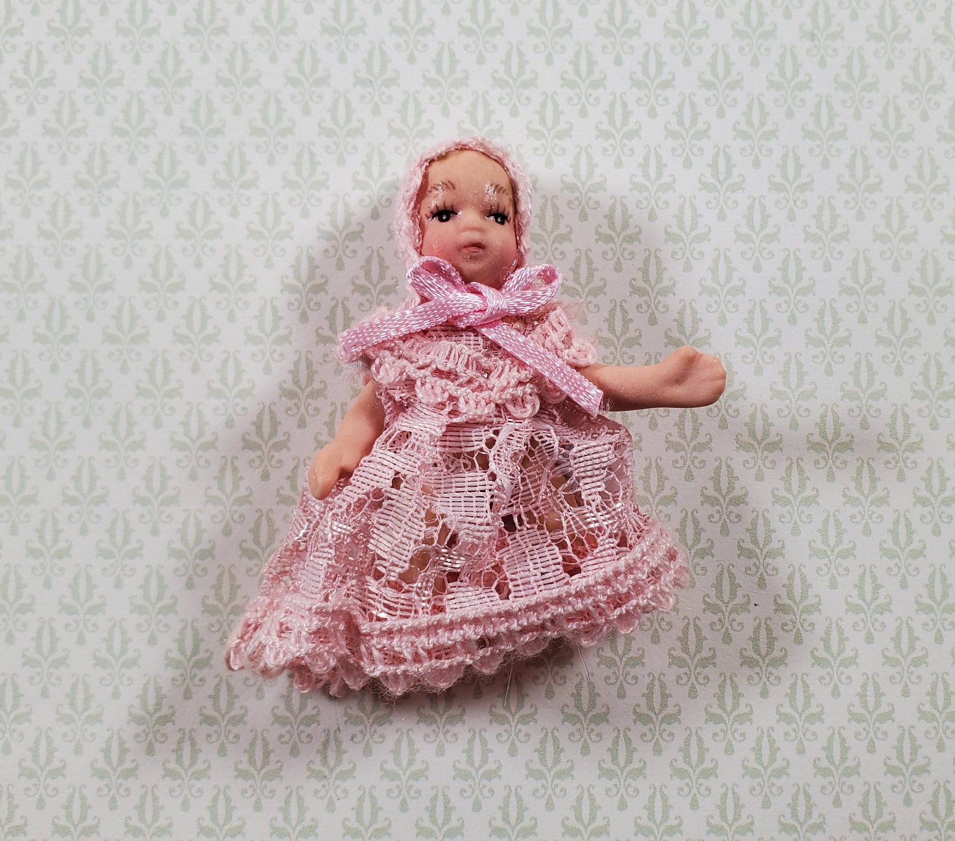 Dollhouse Baby Doll Porcelain Moveable 1:12 Scale Miniature Pink Lace Outfit