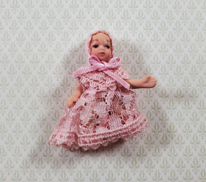Dollhouse Baby Doll Porcelain Moveable 1:12 Scale Miniature Pink Lace Outfit