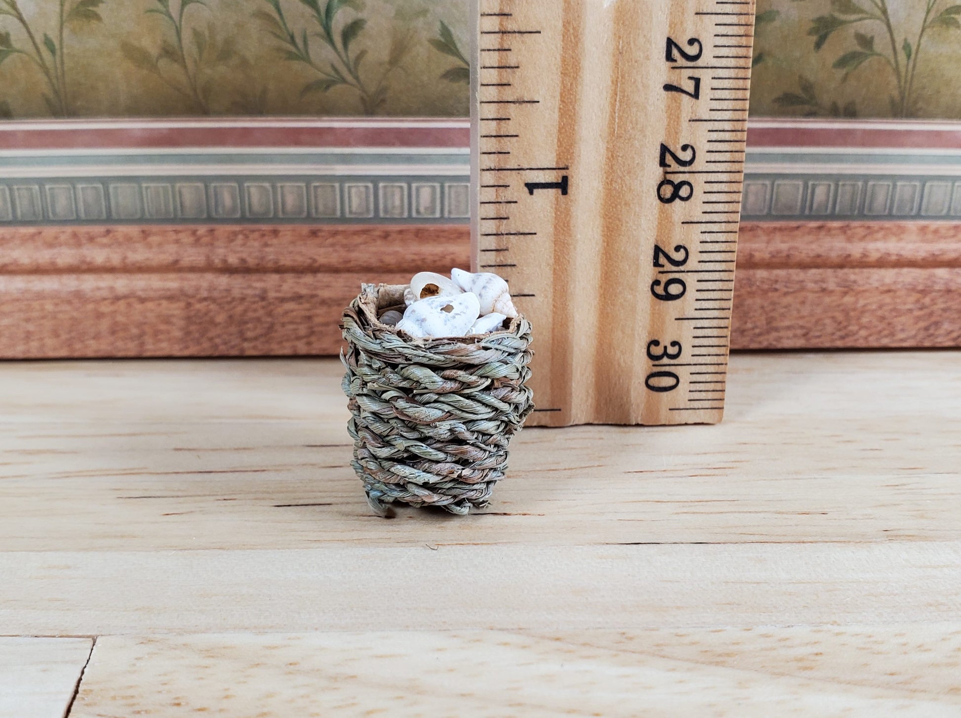 Tiny Seashells in Small Round Natural Fiber Basket 1:12 Scale Miniature