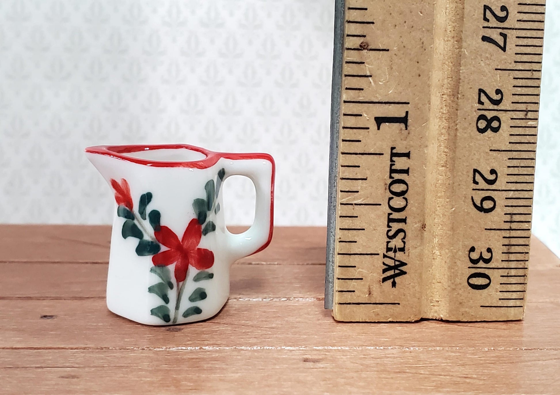 Dollhouse Ceramic Pitcher White Green Red Floral Design with Handle 1:12 Scale