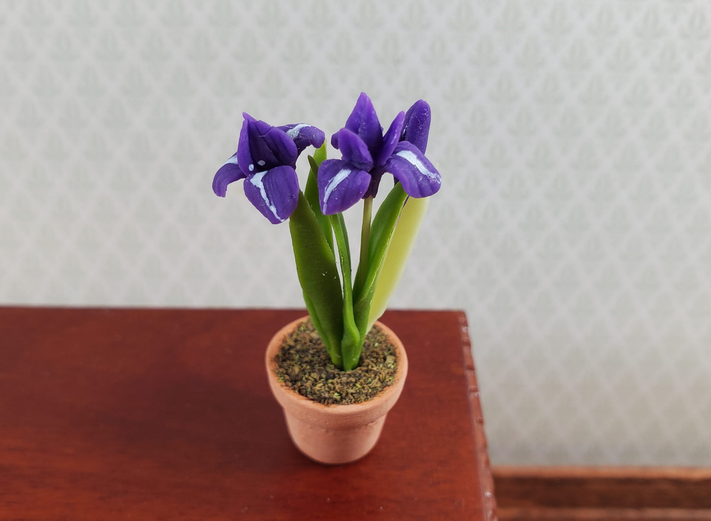 Dollhouse Purple Irises Plant in Terra Cotta Planter 1:12 Scale Miniature Garden