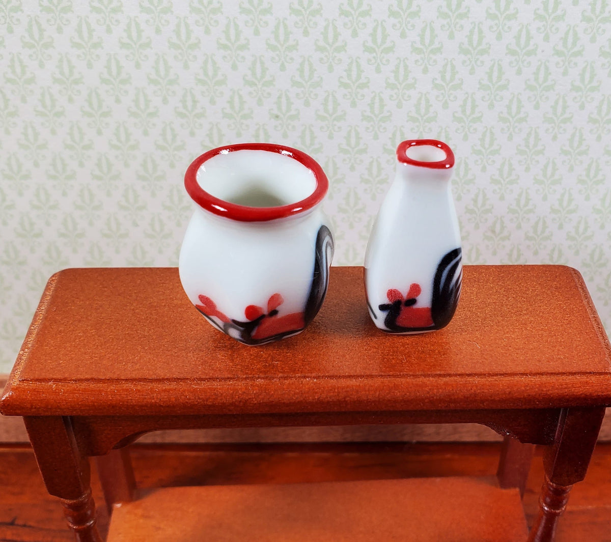 Dollhouse White Ceramic Vases Rooster Motif x2 1:12 Scale Miniature
