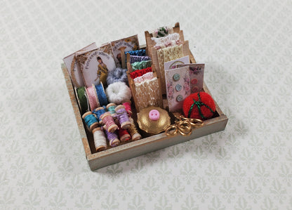 Dollhouse Sewing Box with Notions Patterns Lace Pin Cushion 1:12 Scale Miniature