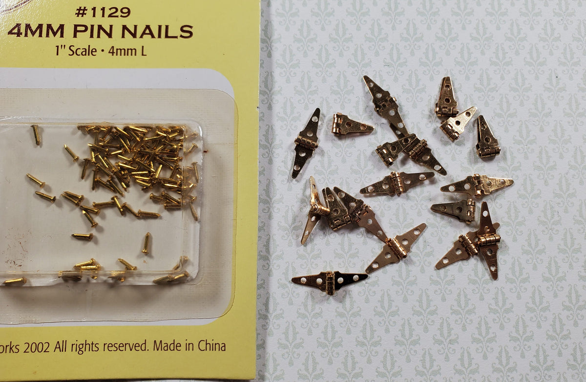 Dollhouse Miniature Triangle Hinges Working x24 Gold Brass 1:12 Scale w/Nails