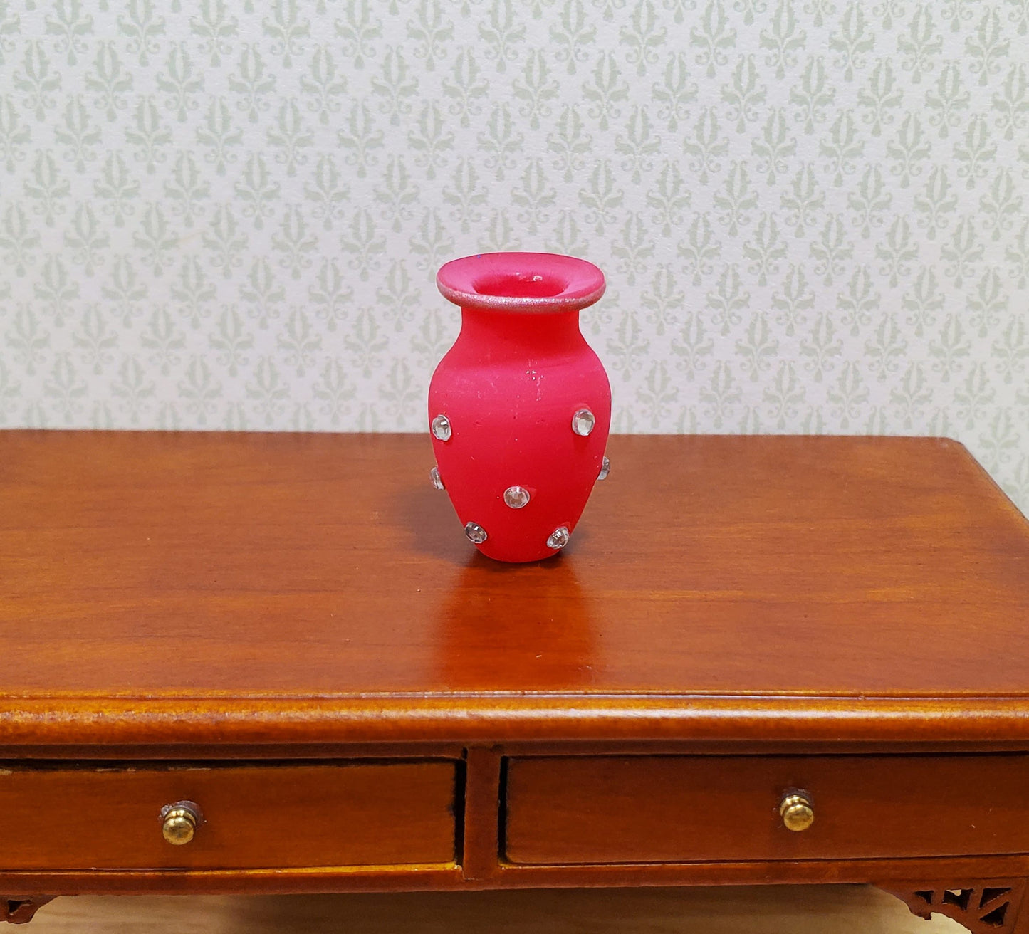 Dollhouse Jeweled Vase Pink Rose & Silver 1:12 Scale Miniature Decor Accessories