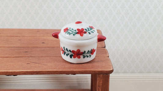 Dollhouse Stock Pot for Soup Ceramic with Lid Red & White 1:12 Scale Miniatures