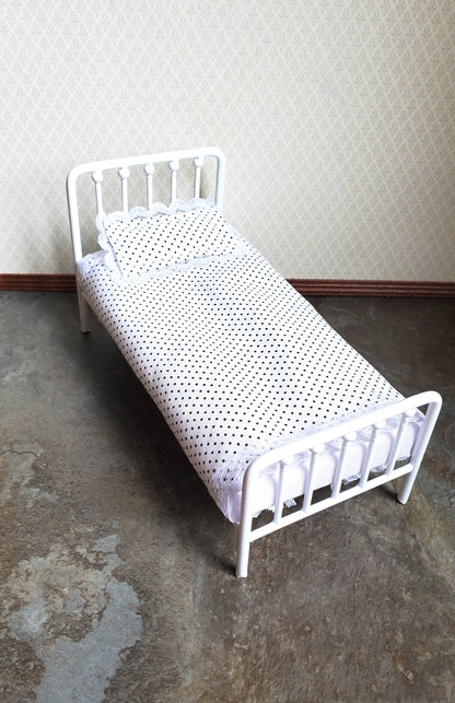 Dollhouse Miniature Bed White Metal with Mattress Pillow Blanket 1:12 Scale Furniture